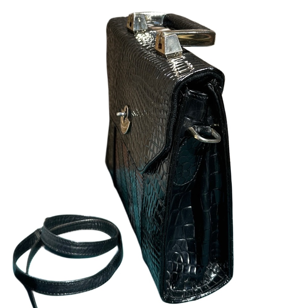 MICHELLE 80’s GENUINE LEATHER Croc-Embossed Black Burgundy Handle Satchel Strap - Picture 3 of 13
